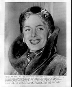 Close-Up of Christine Jorgensen Upon Arrival at New York Idlewild Airport