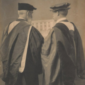 Drs. Henry P. Bowditch and J. Collins Warren holding a picture of the Longwood campus