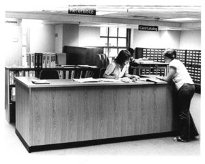 Suffolk University's Sawyer Library's (8 Ashburton Place) reference desk and card catalog