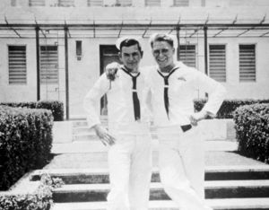 John Joseph Moakley with fellow naval Seabee during World War II, 1940s