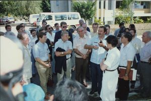 Photograph of John Joseph Moakley and others during the investigation of the Jesuit priest murders in El Salvador, February 1990