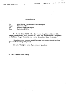 Memorandum from Mary Jeka to Mimi Brody, Kate English and Ellen Harrington with attached memorandum from Luke Thompson of the Massachusetts Water Resources Authority to Bruce Skud of the U.S. GAO, both regarding Boston Harbor project information, September 1996