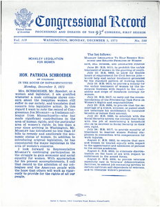 Statement by Congresswoman Patricia Schroeder acknowledging John Joseph Moakley's legislative activities in support of economic and social equality for women, 3 December 1973