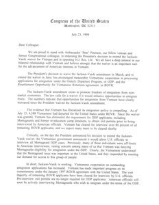 Dear Colleague letter from John McCain, John Kerry, Chuck Hagel, Bob Kerrey, Max Cleland, and Chuck Robb to members of Congress endorsing the extension of the Jackson-Vanik waiver for Vietnam and the opposition of H.J. Res. 120