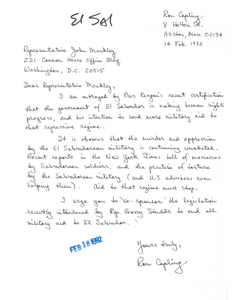 Letter to Congressman John Joseph Moakley from constituent Ron Capling objecting to President Reagan's decision to certify the human rights situation in El Salvador and provide military aid to El Salvador
