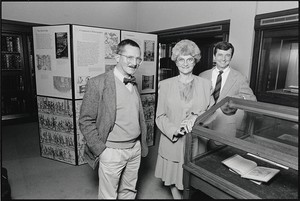 Columbian exhibit at Burns Library. (L-R) Sr. reference librarian/bibliographer John Atteberry, conservator Marilyn Heskett, and Burns librarian Robert O'Neill