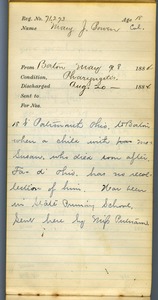 Tewksbury Almshouse Intake Record: Bowen, Mary J.