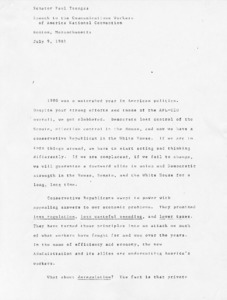 Senator Paul E. Tsongas' Speech to the Communications Workers of America National Convention, Boston, Massachusetts