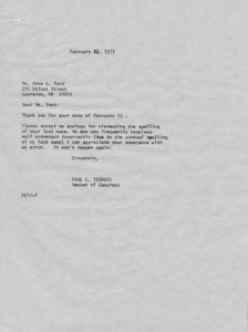 Letter to Ms. Anna L. Ford from Paul E. Tsongas
