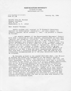 Letter to Senator Paul E. Tsongas commenting on the proposal "A Pragmatic Government Approach to Technological Innovation"