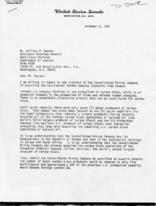 Letter to William Baxter from Paul Tsongas concerning the Consolidated Mining Company acquiring the Continental Carbon Company