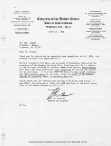 Letter to Joel Deason from Paul Tsongas regarding Joel's opposition to H.R. 3813, the Redwood National Park Expansion bill