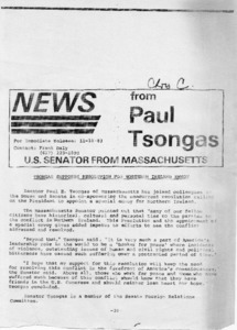 News from Paul Tsongas: Tsongas Supports Resolution for Northern Ireland Envoy