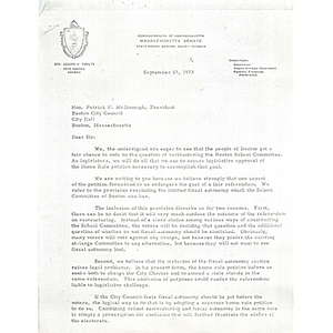 Letter, Boston City Council, September 25, 1973.