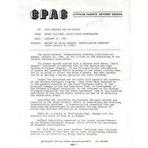 Letter, report on Asian parents' communication workshop (held on January 25, 1981).