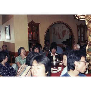 View of guests seated at celebration dinner for the 32nd anniversary of the People's Republic of China