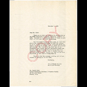 Letter from Muriel Snowden of Freedom House to Harold List of the Jewish Vocational Services of Greater Boston about the TABS youth conference