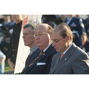 Richard Egan and President Aoun listen at the Veterans Memorial dedication ceremony