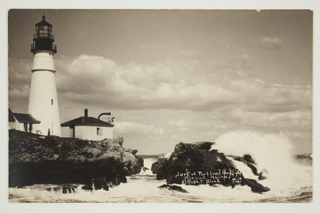 Postcard, surf at Portland Head Light, built 1791, Ralph F. Blood, Portland, Maine