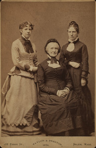 Full-length group portrait of Ellen T. DuBois, Harriet P. Fowler, Mrs. Clara P. Fowler DuBois, facing front, Taylor & Preston, 188 Essex Street, Salem, Mass., 1879