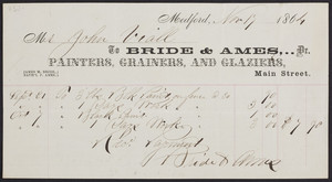 Billhead for Bride & Ames, Dr., painters, grainers and glaziers, Main Street, Medford, Mass., dated November 17, 1864