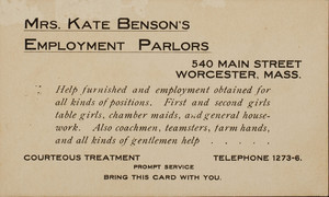 Trade card for Mrs. Kate Benson's Employment Parlors, Worcester, Mass., undated