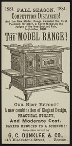 Trade card for The Model Range, G.C. Dunklee & Co., 113 Blackstone Street, Boston, Mass., 1881