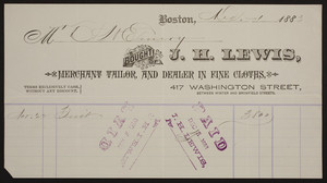 Billhead for J.H. Lewis, merchant tailor and dealer in fine cloths, 417 Washington Street, Boston, Mass., dated December 1, 1883