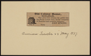 Advertisement for the Old Colony House, Hingham, Mass., dated 23 May 1837