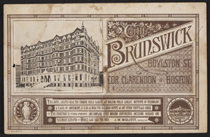 Trade card for The Brunswick, hotel, Boylston Street, corner Clarendon, Boston, Mass., undated