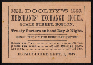Trade card for Dooley's Merchants' Exchange Hotel, State Street, Boston, Mass., 1856