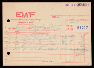Billhead 51217, February 17, 1956, EMF Electric Supply Co. & Camera Exchange, 110-120 Brookline Street, Cambridge, Mass.