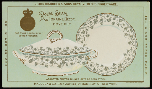 Trade card for John Maddock & Sons Royal Vitreous Dinner Ware, Maddock & Co., sole agents, 21 Barclay Street, New York, New York, undated
