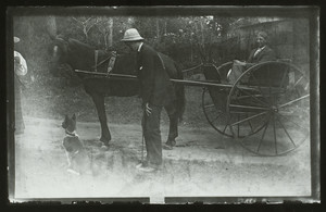 Portrait of two unidentified men with a cart and a dog, Sharksmouth, Manchester, Mass., undated