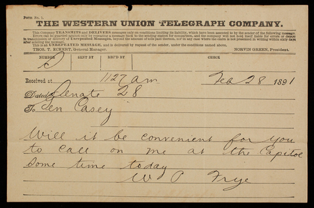 William P. Frye to Thomas Lincoln Casey, February 28, 1891, telegram