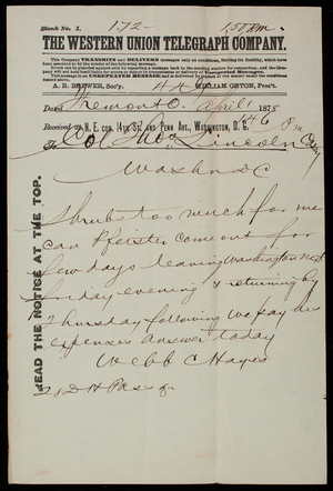 Webb C. Hayes to Thomas Lincoln Casey, April 1, 1878, telegram