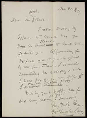 Thomas Lincoln Casey to Hall, December 31, 1877, draft