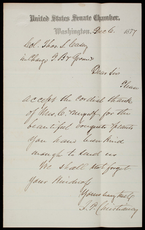 Senator J. P. Christiancy to Thomas Lincoln Casey, December 6, 1877