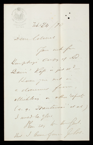 [John G.] Barnard to Thomas Lincoln Casey, February 24, 1870
