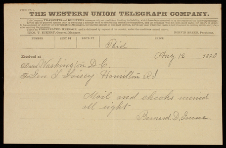 Bernard [R]. Greene to Thomas Lincoln Casey, August 12, 1890 (1)
