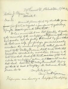 Letter from Benjamin Smith Lyman to Arthur J. Pilgram