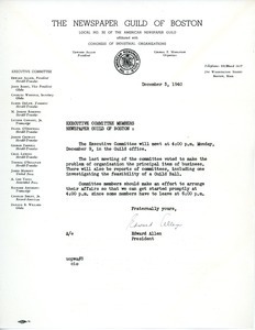 Letter from Edward Allen to Executive Committee, Newspaper Guild of Boston