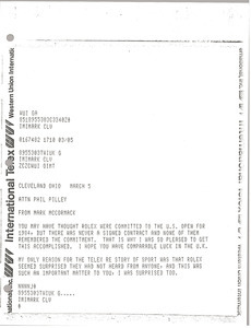 Telex printout from Mark H. McCormack to Phil Pilley