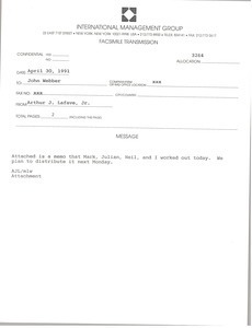 Fax from Arthur J. Lafave to John Webber