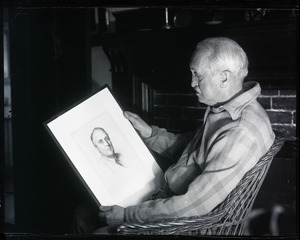 W. H. W. Bicknell, examining an etching of Franklin D. Roosevelt