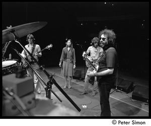 Jerry Garcia, Bob Weir, Donna Godchaux, and Phil Lesh of the Grateful Dead rehearsing