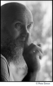 Ram Dass: close-up portrait, gesturing with a finger, at the Rowe Center spiritual retreat