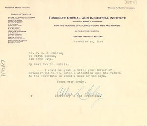 Letter from Albon L. Holsey to W. E. B. Du Bois