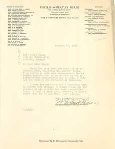 Letter from Phyllis Wheatley House to Ellen Irene Diggs