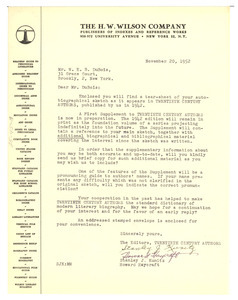 Letter from H. W. Wilson Company to W. E. B. Du Bois